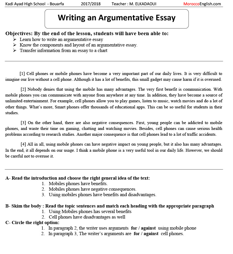 esl argumentative essay lesson plan